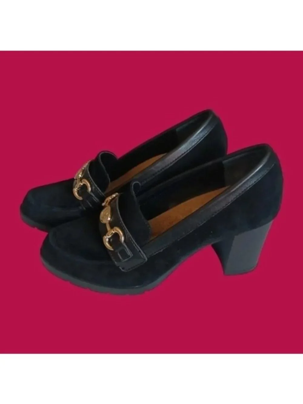 Giani Bernini Women’s Suede Loafer Pumps Gold Horsebit Block Heel Black Size 5M